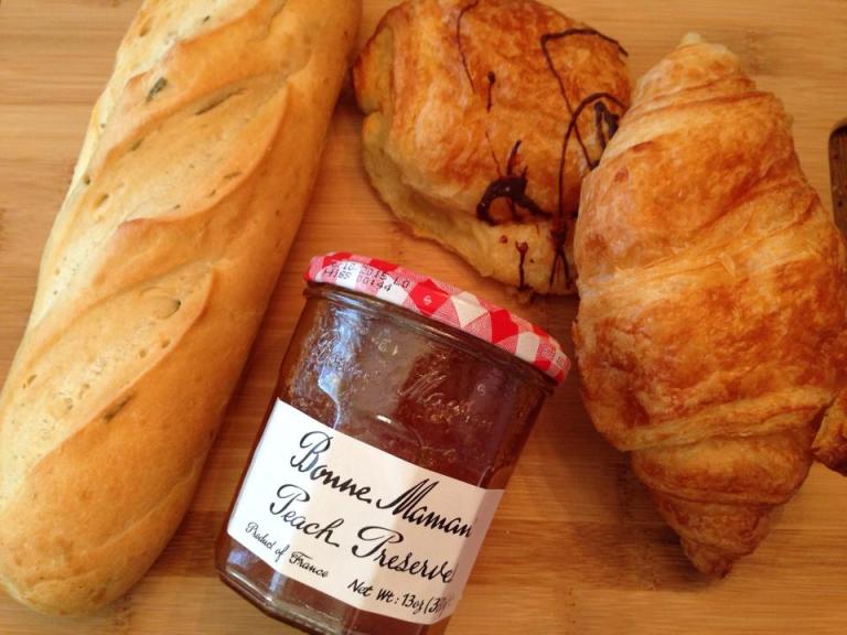 Rosemary Baguette, Chocolate and Original Croissant and French Peach Preserves.